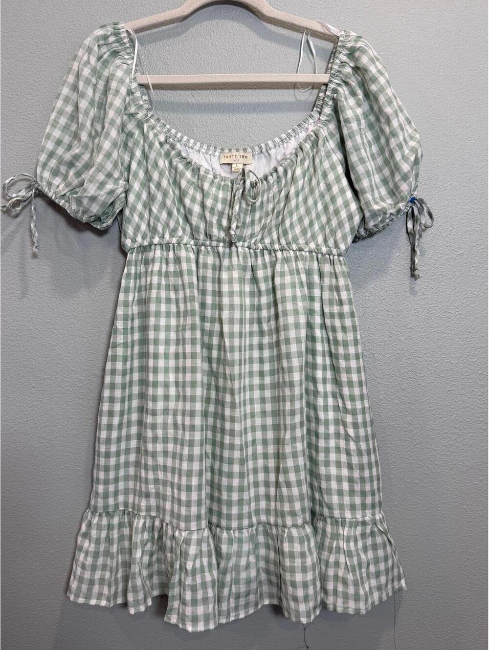 Thirty Thirty Green Gingham Puff Sleeve Mini Dress - Women's Large NWT